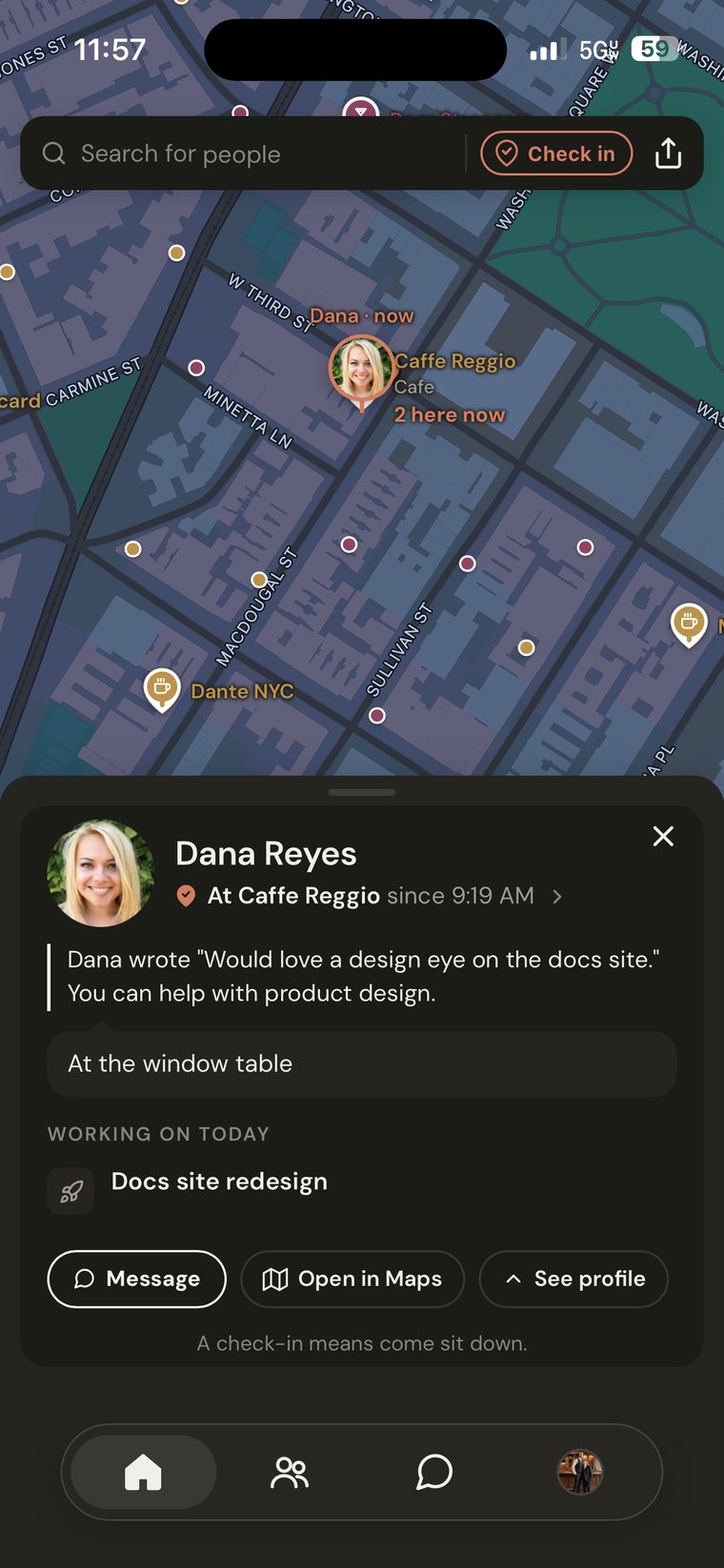The map: faces at cafés, co-work pins with times, and the Co-works drawer