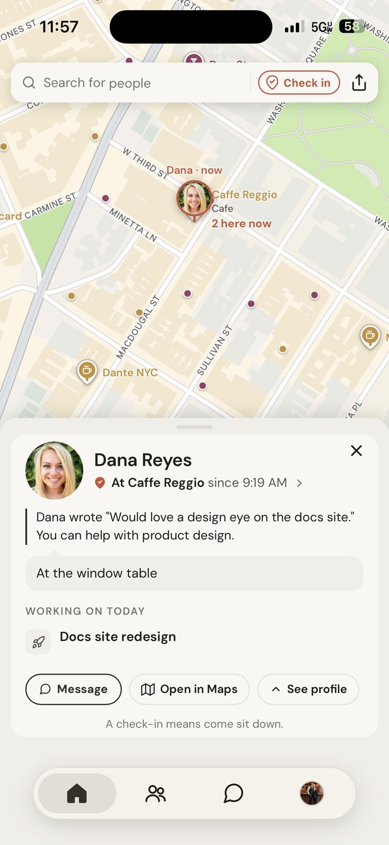 The map: faces at cafés, co-work pins with times, and the Co-works drawer